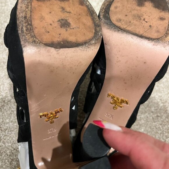 PRADA Cut Out Black Suede Open Toe Cage Heels Size 7.5 - Picture 5 of 6